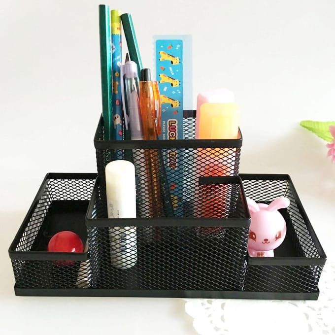 4-compartimenten mesh-pennenhouder, grote capaciteit, multifunctionele zwarte bureau-organizers voor kantoor gray