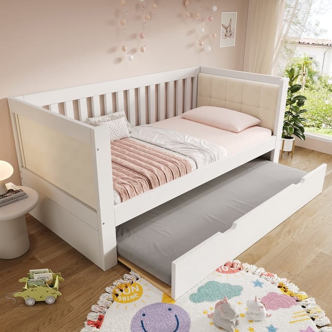 MODENUIT Dagbed 90x190 cm – Uitschuifbed met Lattenbodems – Driezijdige Rugleuning – Zonder matras – Grenenhout – Wit