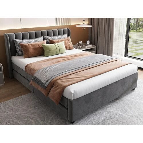 Merax Bed met 2 lades - 140 x 200 cm - fluweel - lattenbodem - kleur grijs