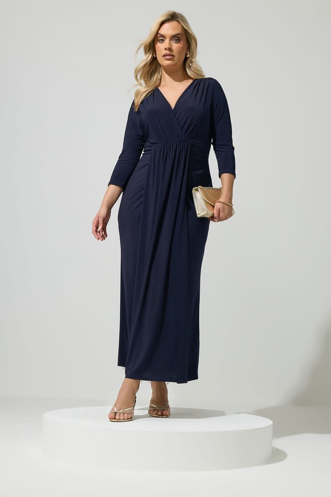 Yours London Marineblauwe Gedrapeerde Maxijurk Size 48