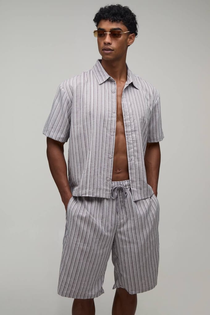 Getextureerd Geplisseerd Oversized Boxy Shirt & Baggy Short Set | Grey | Size Medium