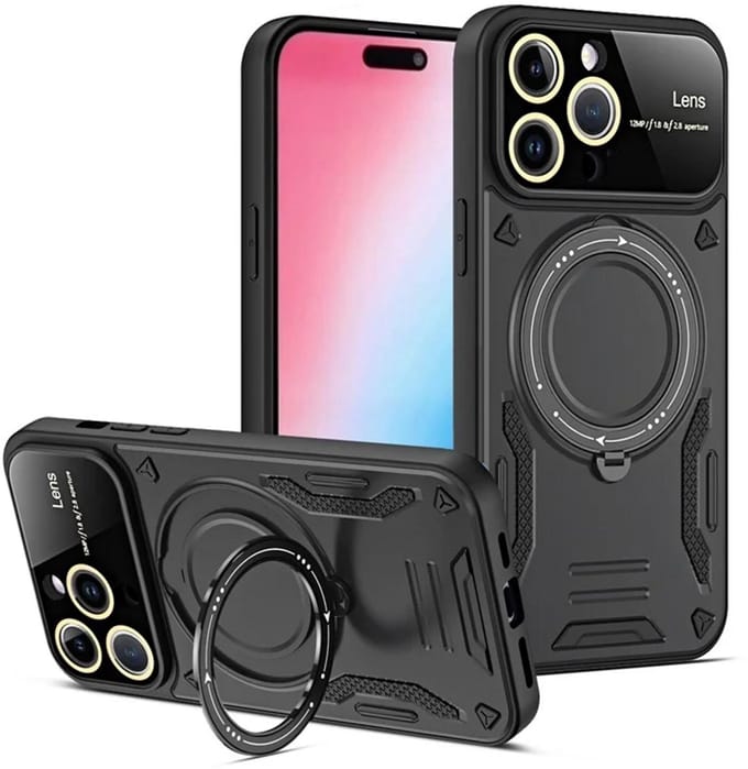 Cityhoesje - iPhone 15 Pro Max - Magnetic - Ring Holder Kickstand - Protective – Backcase - Zwart