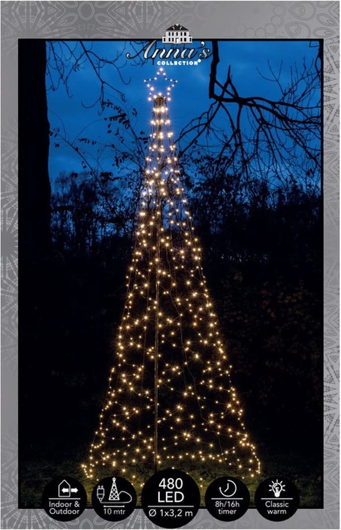 Anna's Collection Vlaggenmast kerstboom met ster - kerstverlichting - 480 leds - 320 cm - warm wit