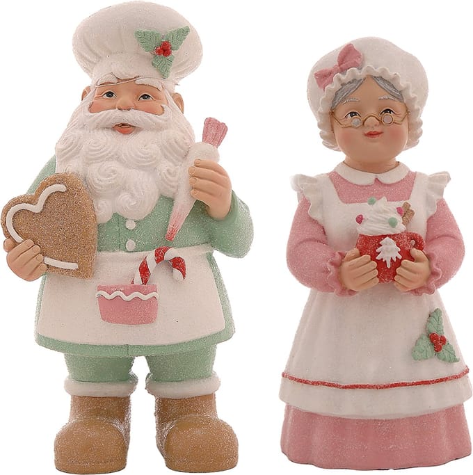 Viv! Christmas Kerstbeeld - Mr. & Mrs. Claus met Gingerbread Koekje - set van 2 - pastel - roze blauw - 25cm