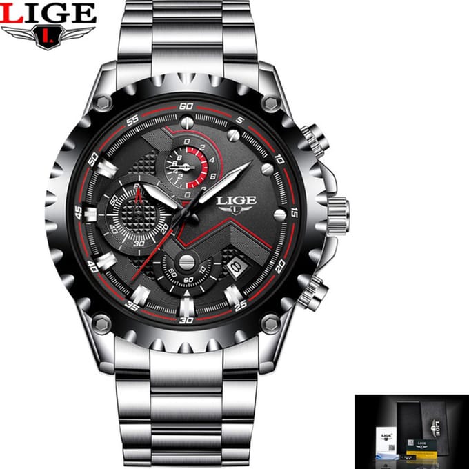 LIGE Casual DTS1011 -Horloge - RVS - Ø 42mm Staal Zwart