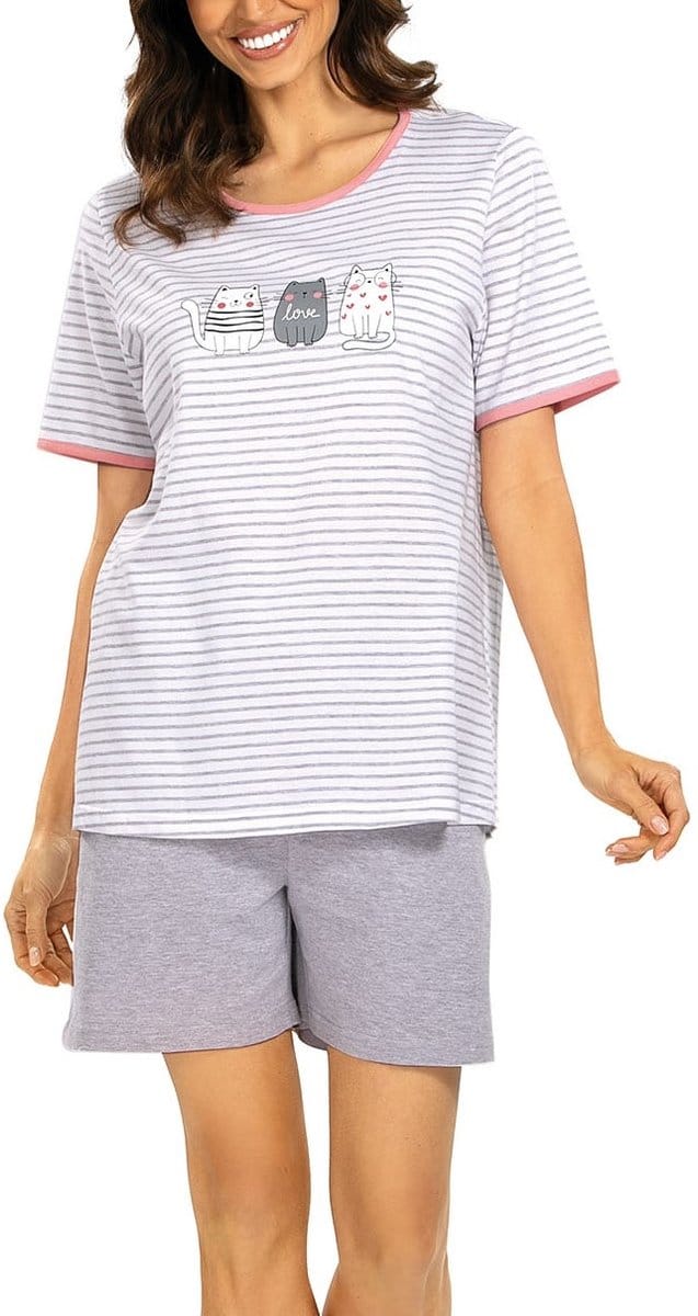 Comtessa - Dames Shortama - Zomer Pyjama - Katoen - Kitty grey - Maat 46