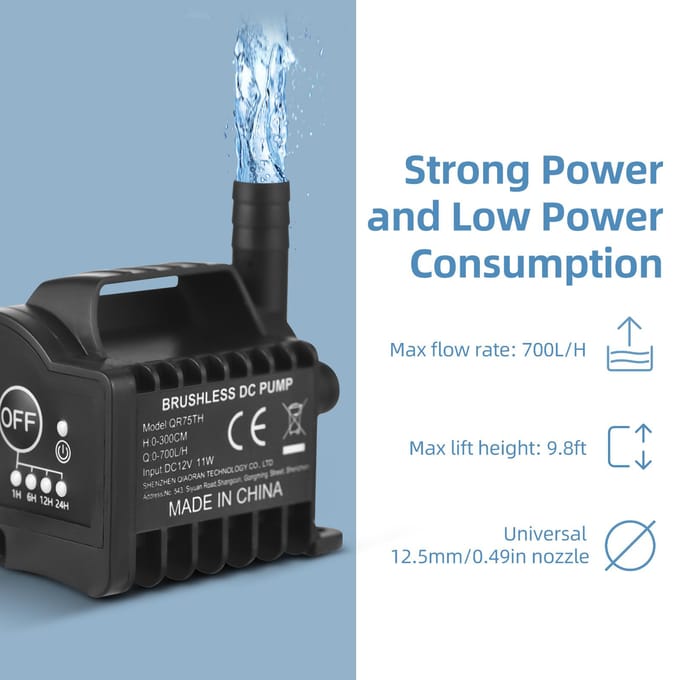 Mini pompe à eau 12 V avec synchronisation marche/arrêt à 4 vitesses, fonction d'accélération et de décélération, max 700 L/H QR70TH noir