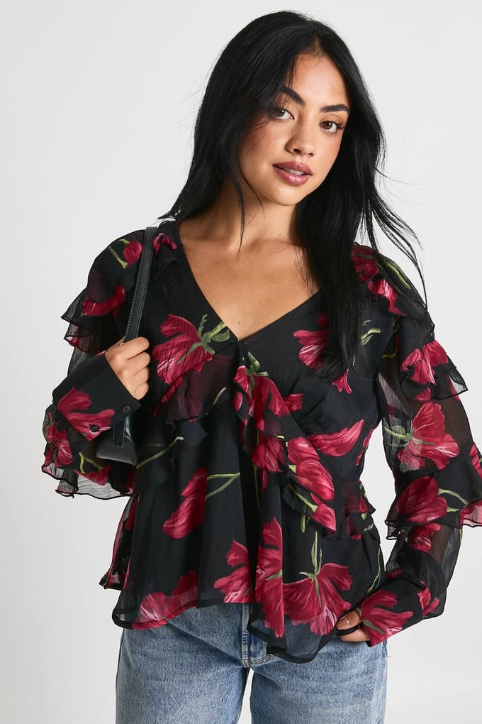 boohoo Dames Chiffonblouse met bloemenprint en ruches | Black | Maat: 8