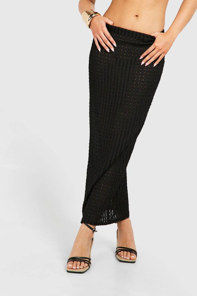 boohoo Dames Textured Jersey Low Rise Maxi Rok | Zwart | Maat: 38