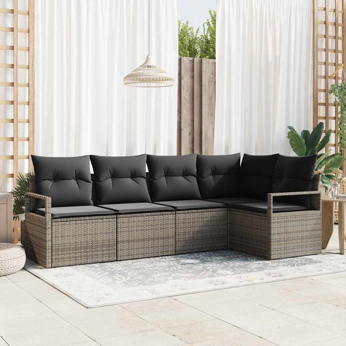 vidaXL Tuinbank Set met kussen met opslag 5 pcs Grijs poly rattan