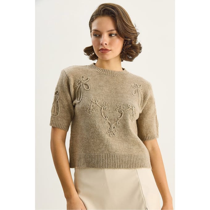 Geborduurd Crew Neck Gebreid Sweater