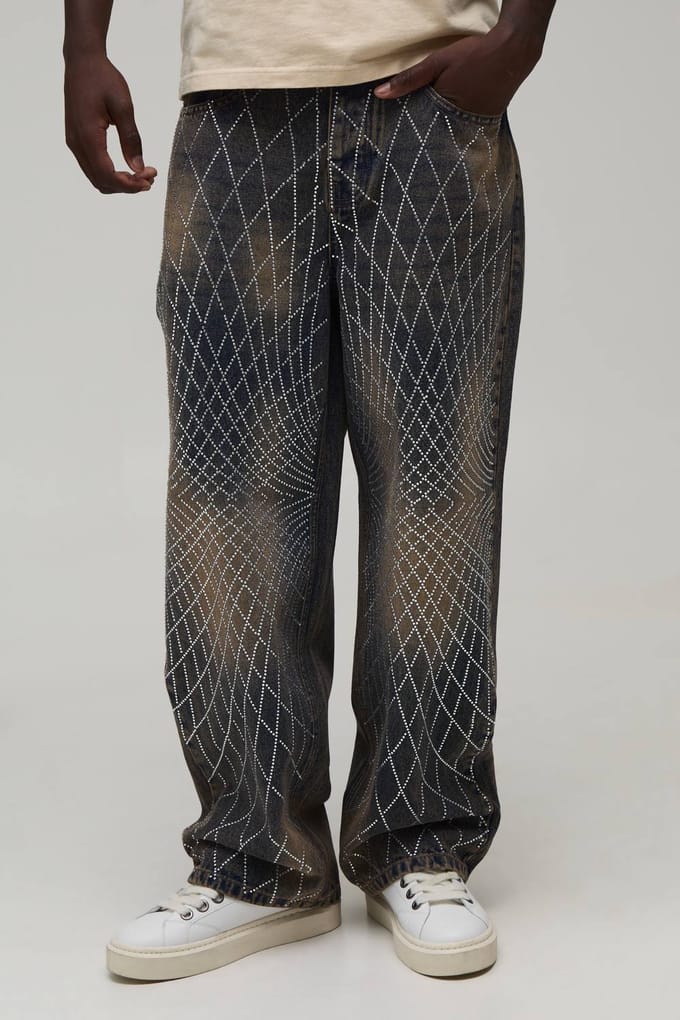 Geo Rhinestone Antique Wash Relaxed Fit Jeans | Antique Blue | Size 46
