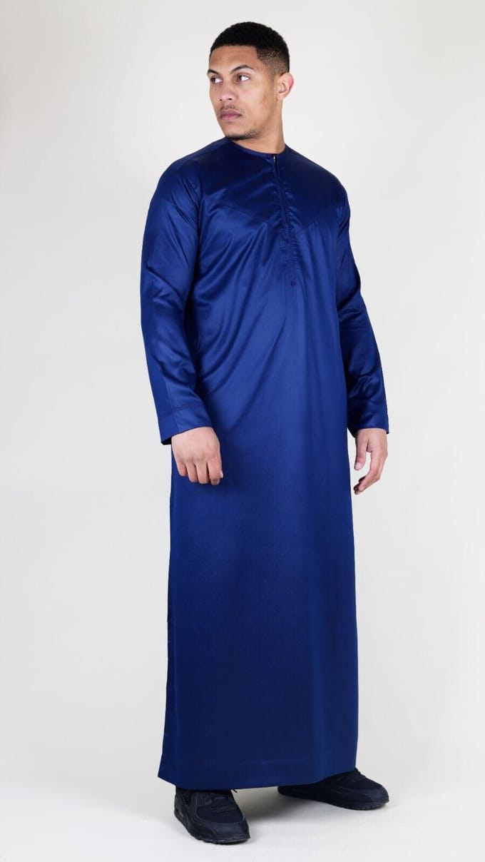 Marineblauwe Thobe-robe voor heren, satijn, Emirati islamitische Jubba Eid, slim fit