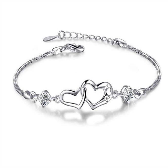 Witgoud verguld S925 zilver Dubbel Hart Amethist Hart tot Hart Dames Armband Mode Sieraden white