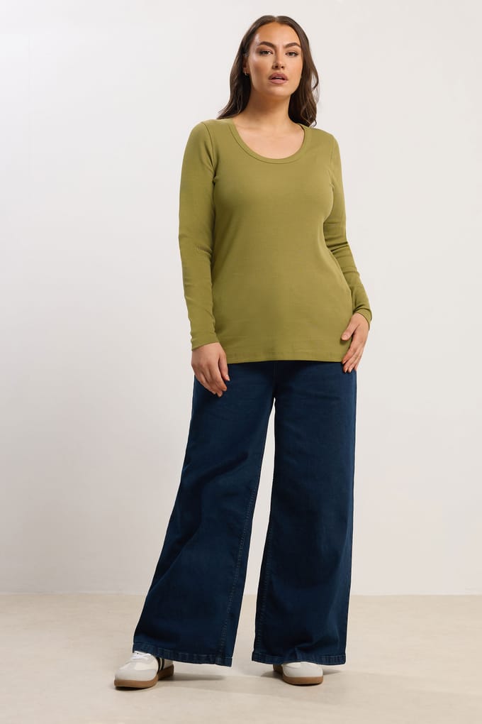 Yours Groene Geribbelde Top Met Ronde Hals Size 42