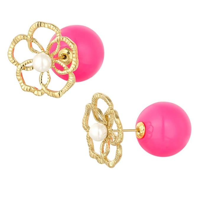Yehwang Oorbellen Bloem Parel goud fuchsia