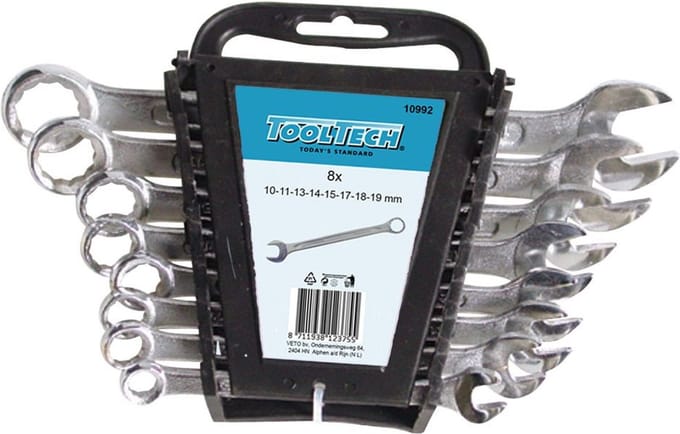 Ring-Steeksleutelset 8 Delig 10-19 mm – Combinatiesleutelset in Houder – TOOLTECH