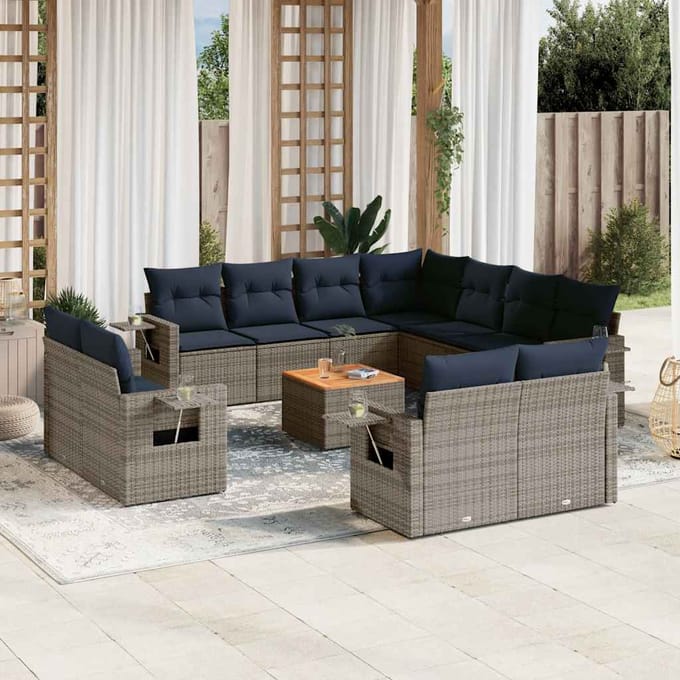 vidaXL - 12-delige - tuinbankset - met - kussens, - grijs - polyrotan