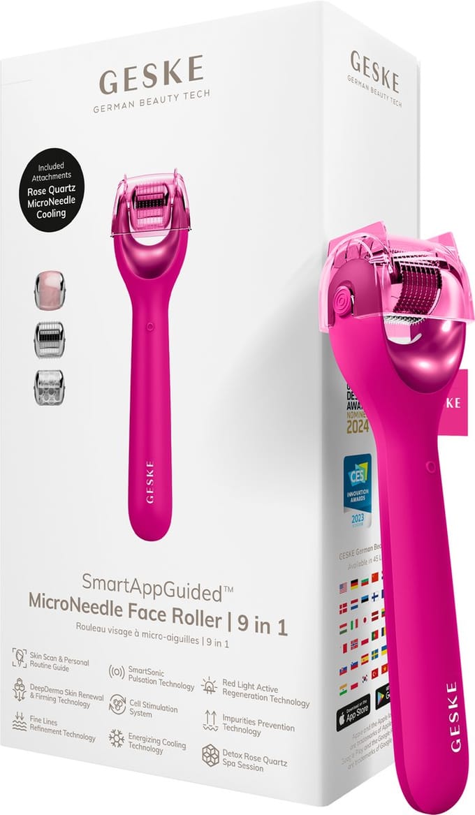 GESKE | SmartAppGuided™ MicroNeedle Face Roller | 9 in 1 | met rozenkwarts | Microneedling | Professioneel Microneedling-apparaat | Naaldroller | Schoonheidsrollergezicht | Micronaaldroller