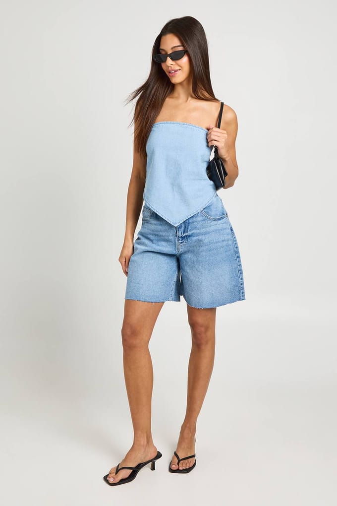 boohoo Dames Chambray Bandeau Sjaal Top | Licht Gebleekt | Maat: 42