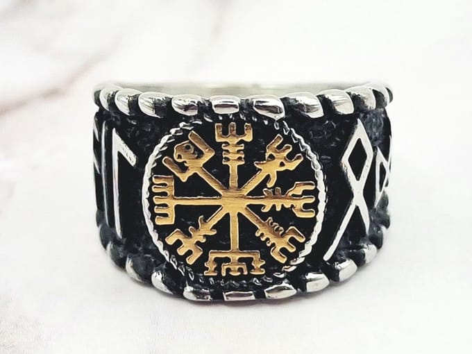 Mei's - Viking Nordic Shield - ring heren - Vegvisir - RVS zilver/goud - ringmaat 56 mm