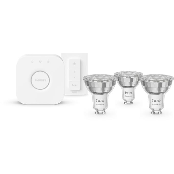 Philips Hue Essential Starter Kit - wit and Color Ambiance - GU10 - 3 Pack + Hue Bridge + Dimmer Switch - Wit