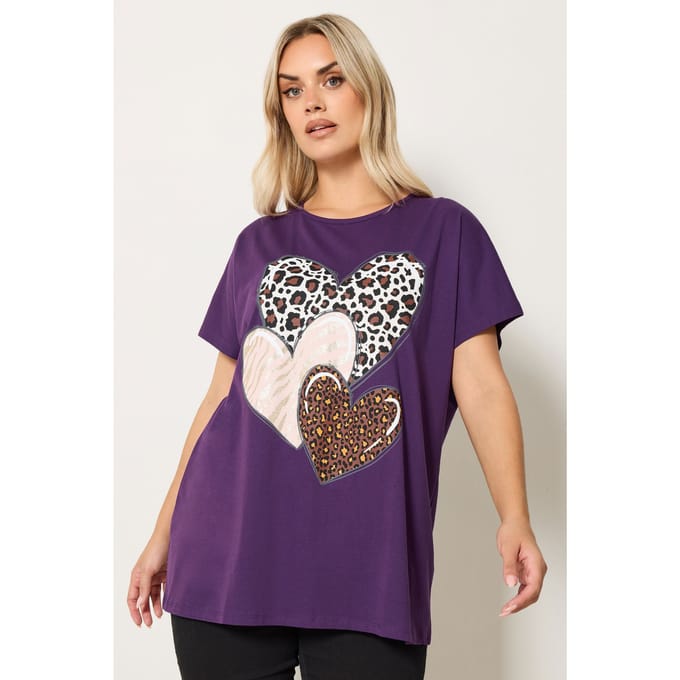 Yours Paars Tshirt Met Glitter En Dierenhart Size 48