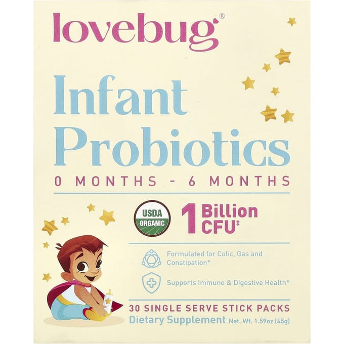 Probiotiques LoveBug, probiotiques pour nourrissons, 0 à 6 mois, 1 milliard d'UFC, sachets de 30 bâtonnets, 0,05 oz (1,5 g) Chaque