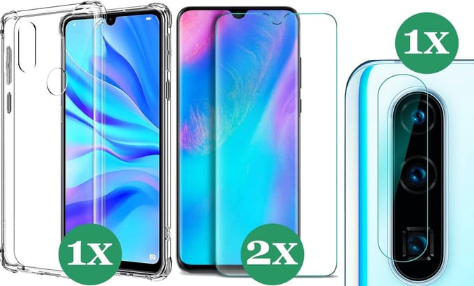 Huawei P30 Lite Hoesje Transparant Shock Case - 1x Huawei P30 Lite Hoesje + 2x Screenprotector Glas + 1x Camera Screen Protector