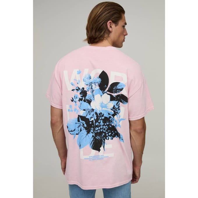 Gewassen Roze Oversized T-shirt Met Bloemenprint | Washed Pink | Size XS
