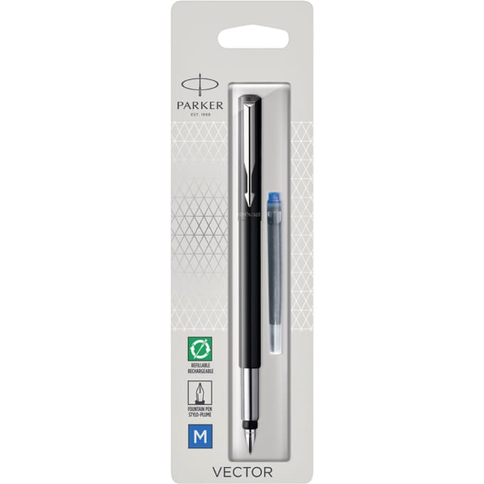 Parker Vector-vulpen | zwart met chrome afwerking | mediumpunt | blauwe inkt | hangtab