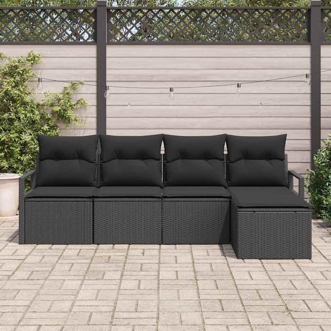 vidaXL Bankstel met kussen met opslag 5 pcs Zwart poly rattan