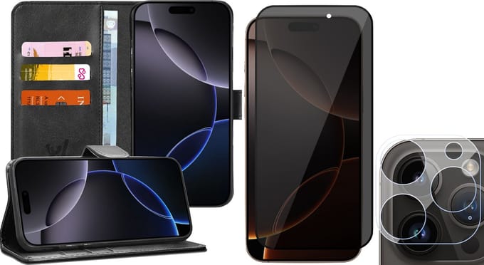 Hoesje geschikt voor iPhone 16 Pro Max - Privacy Screenprotector Volledig Dekkend Glas & Camera - Portemonnee Book Case Zwart
