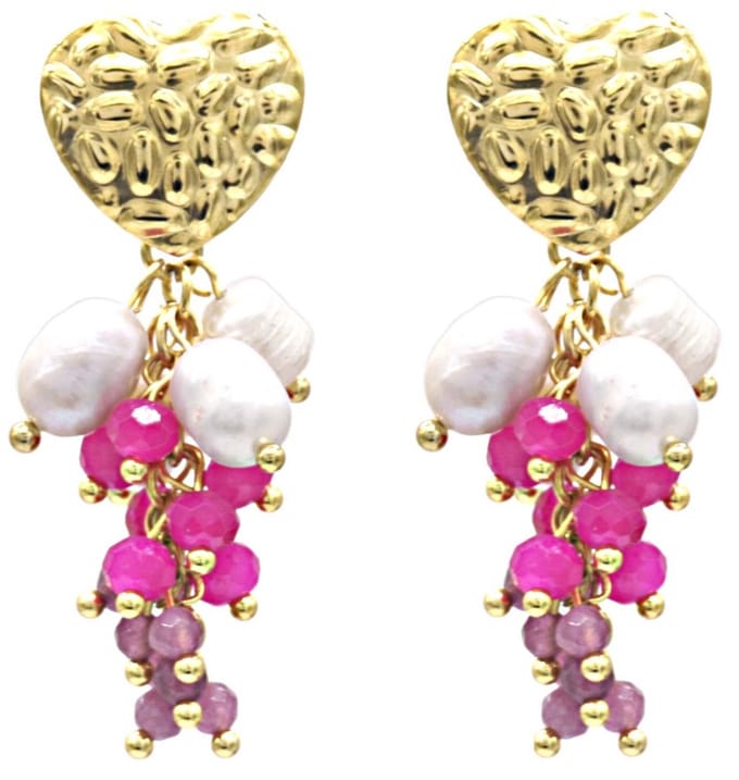 Oorbellen - Hart en Parels - RVS - 4,5 cm - Paars – valentijn – cadeau