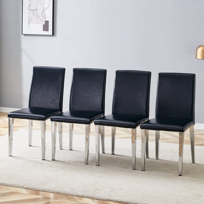MODENUIT Eetkamerstoel - Set Van 4 - Ergonomische Rugleuning & PU Bekleding - Voor Eetkamer - Metaal Zwart/Zilver