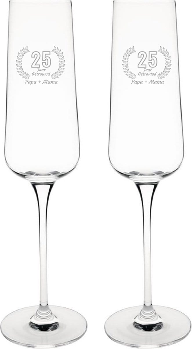 Gegraveerde set champagneglazen 27cl Papa + Mama 25 jaar getrouwd