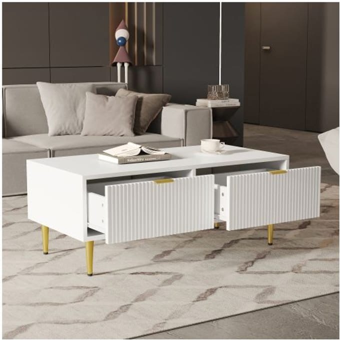 Salontafel - MUVOE - Modern - 100x50x40 cm - 2 lades - Wit met gouden decoraties wit