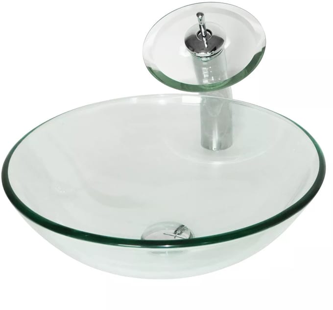 Waskom blank glas met hoge Watervalkraan 42 cm rond