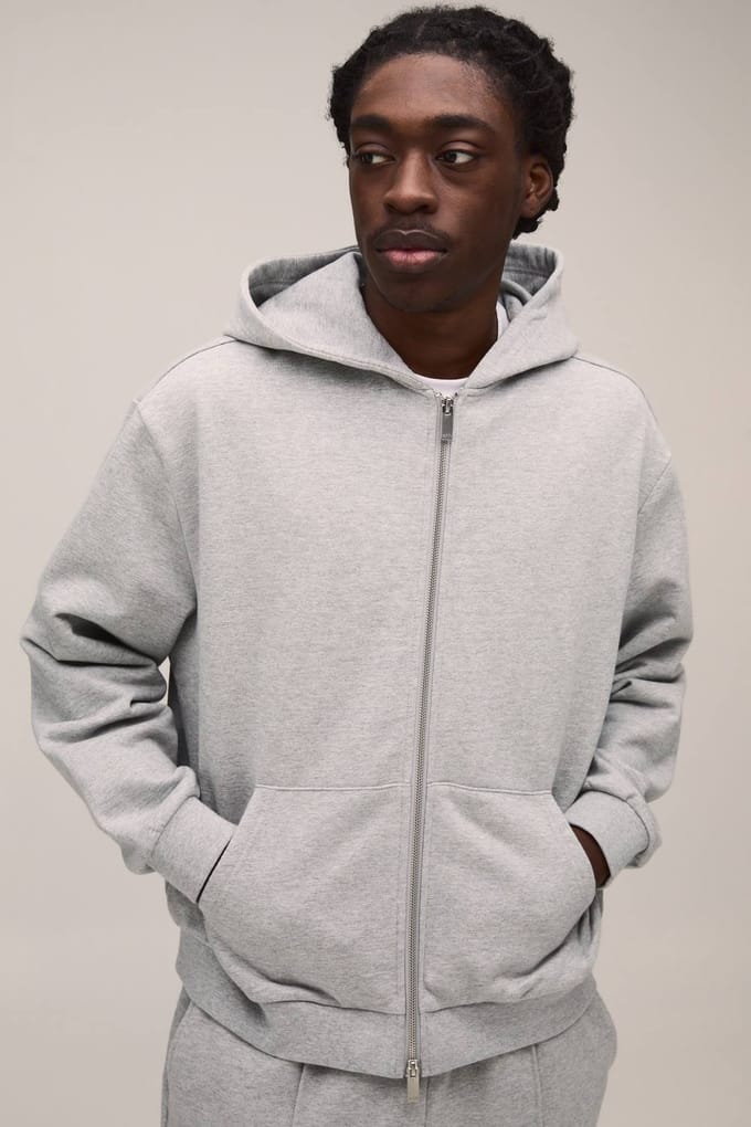 500GSM Heavyweight Oversized Boxy Zip Through Hoodie | Grey Marl | Size Medium