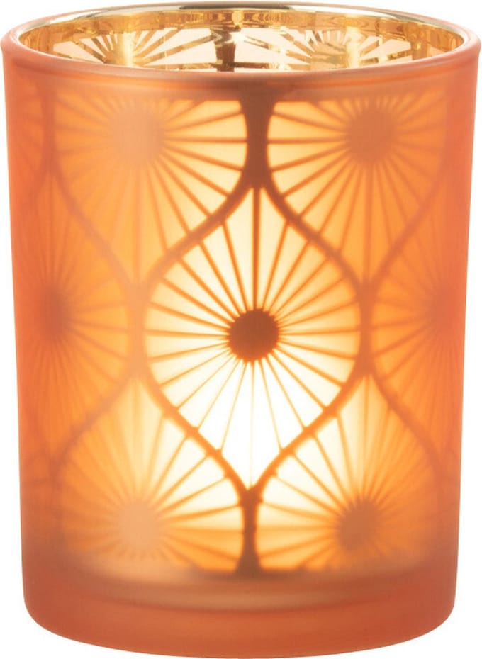J-Line windlicht Ruit Bloemen - glas - oranje - medium - 2 stuks