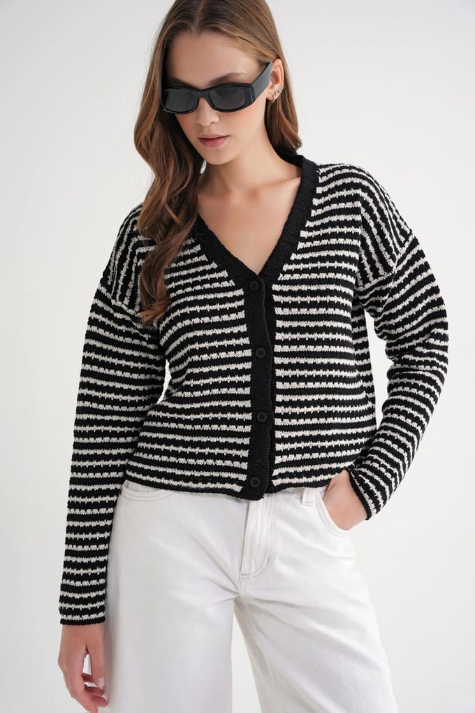 Gestreepte V-hals Knopenfront Ribgebreide Cardigan
