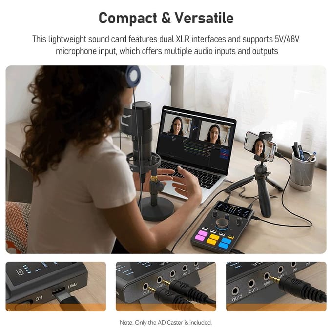 COMICA AD Caster C1 audiomixer USB-audio-interface geluidskaart met 3,5 mm-poorten dubbele XLR-ingang zwart
