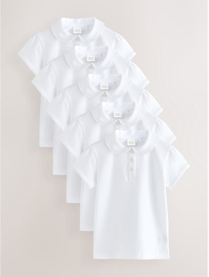 Next - Meisjes - 5 Pack katoenen stretchy schoolpoloTops met rucheskraag - Wit