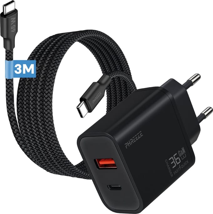 Phreeze usb C adapter 35w - Usb c naar usb c kabel 3 meter - Snellader met 2 poorten voor telefoon en tablet