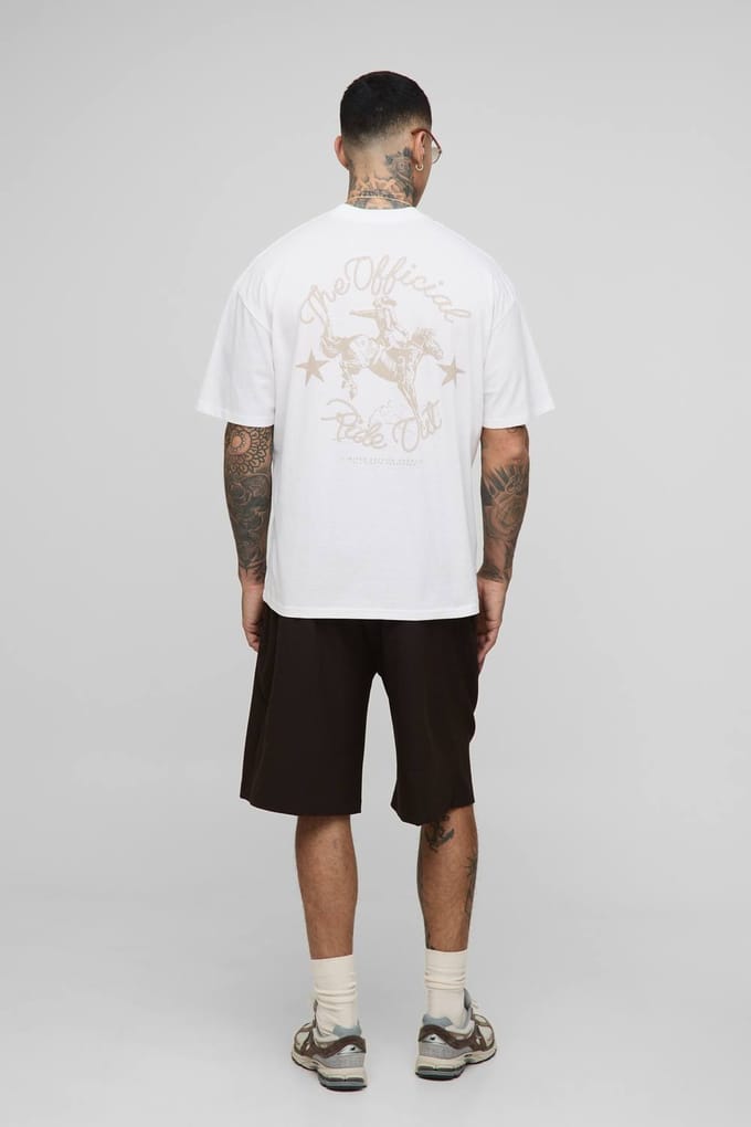 Lang Oversized Extended Neck Western Print T-Shirt | White | Size Medium