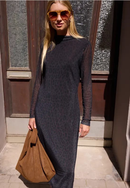Midi-jurk van mesh met luipaardprint