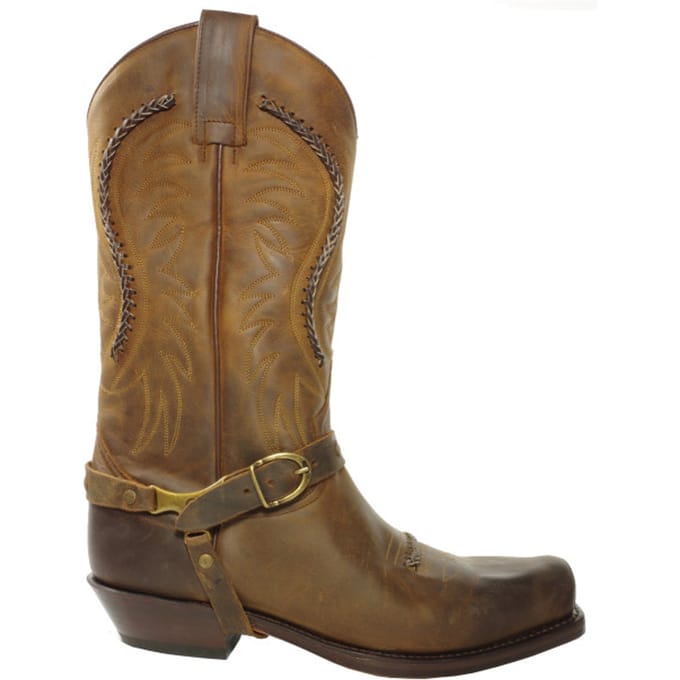 Sendra Boots 3434 Sam Bruin Dames Heren Biker Western Boots Unisex Vierkante Neus Schuine Hak Lederen Zool Siervlechtwerk Echt Leer