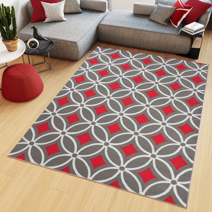 Tapiso Maya Vloerkleed Grijs Rood Slaapkamer Tapijt Maat- 80x150