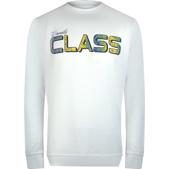 Cavalli Class Levendige Bloemenlogo Off-white Sweatshirt