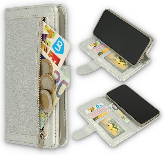 HB Hoesje Geschikt voor Apple iPhone 11 Pro Max - Zilver - Glitter - Luxe Portemonnee Book Case met Rits